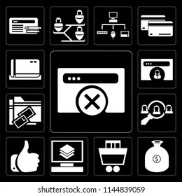 Set Of 13 simple editable icons such as Browser, Money, Shopping cart, Layers, Like, Hiring, Link, Cit card on black background