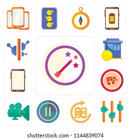 Set Of 13 simple editable icons such as Magic wand, Volume control, Battery, Pause, Video player, Note, Smartphone, Trash, Controls, web ui icon pack