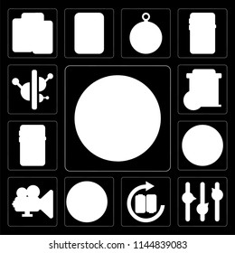 Set Of 13 simple editable icons such as Magic wand, Volume control, Battery, Pause, Video player, Note, Smartphone, Trash, Controls on black background