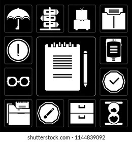 Set Of 13 simple editable icons such as Notepad, Hourglass, Archive, Compose, Folder, Checked, Eyeglasses, Smartphone, Warning on black background