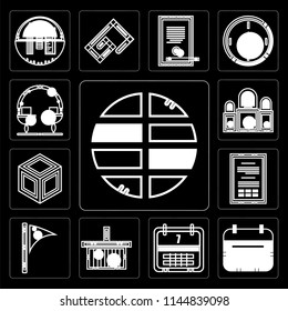 Set Of 13 simple editable icons such as Maps and Flags, Wall calendar, Weekly Online store, Office material, Packing, Judging, Measuring on black background