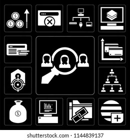 Set Of 13 simple editable icons such as Hiring, Worldwide, Link, Analytics, Money, Hierarchical structure, Tag, Cit card, Browser on black background