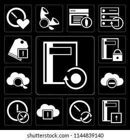 Set Of 13 simple editable icons such as Notebook, Stopwatch, Cloud computing, , Price tag on black background