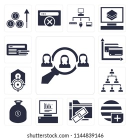 Set Of 13 simple editable icons such as Hiring, Worldwide, Link, Analytics, Money, Hierarchical structure, Tag, Cit card, Browser, web ui icon pack
