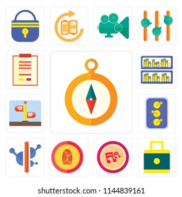 Set Of 13 simple editable icons such as Compass, Lock, Note, Fingerprint, Controls, Switch, Street, Archive, Notepad, web ui icon pack
