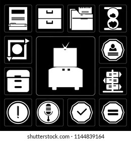 Set Of 13 simple editable icons such as Television, Equal, Checked, Microphone, Warning, , Archive, Login, Repeat on black background