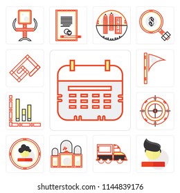 Set Of 13 simple editable icons such as Wall calendar, Boss, Trucking, Judging, Dart board, Bars chart, Maps and Flags, Attachments, web ui icon pack