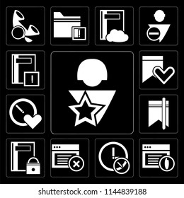 Set Of 13 simple editable icons such as User, Browser, , Notebook, Bookmark, Stopwatch, Notebook on black background