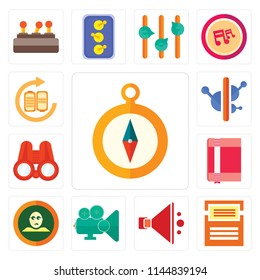 Set Of 13 simple editable icons such as Compass, Folder, Speaker, Video player, Dislike, Notebook, Binoculars, Controls, Battery, web ui icon pack