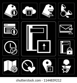 Set Of 13 simple editable icons such as Notebook, User, Placeholder, Stopwatch, Map, , Mail, Browser on black background