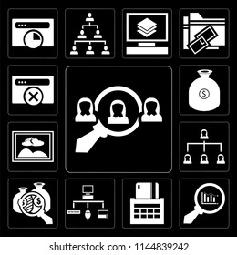 Set Of 13 simple editable icons such as Hiring, Analytics, Payment method, Sitemap, Hierarchical structure, Image, Money, Browser on black background