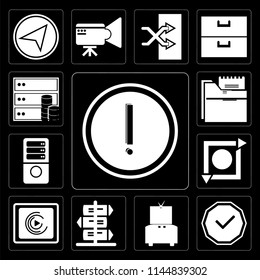 Set Of 13 simple editable icons such as Warning, Checked, Television, , Music player, Repeat, Server, Folder, Database on black background