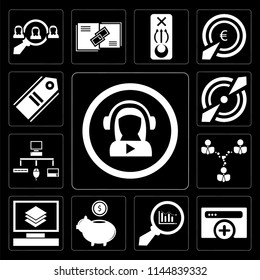 Set Of 13 simple editable icons such as Video player, Browser, Analytics, Piggy bank, Layers, Network, Sitemap, Target, Tag on black background