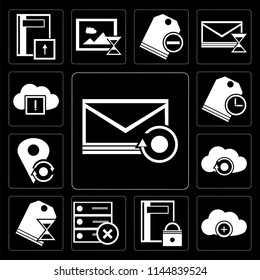 Set Of 13 simple editable icons such as Mail, Cloud computing, Notebook, Archive, Price tag, Placeholder, computing on black background