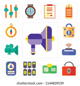 Set Of 13 simple editable icons such as Speaker, Unlocked, Id card, Battery, , Wireless internet, Video player, Locked, Compass, web ui icon pack