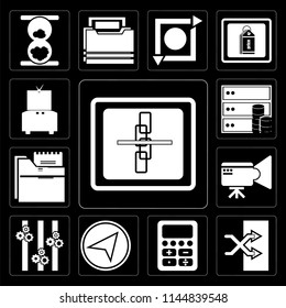 Set Of 13 simple editable icons such as Broken link, Shuffle, Calculator, Paper plane, Controls, Video camera, Folder, Database, Television on black background
