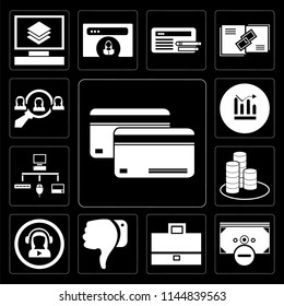 Set Of 13 simple editable icons such as Cit card, Money, Briefcase, Dislike, Video player, Get money, Sitemap, Diagrams, Hiring on black background
