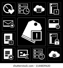 Set Of 13 simple editable icons such as Price tag, Cloud computing, Server, Smartphone, Notepad, Notebook, Archive, Mail on black background