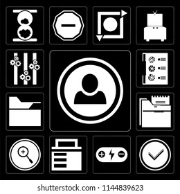 Set Of 13 simple editable icons such as User, Checked, Battery, Lock, Zoom in, Folder, Menu, Controls on black background