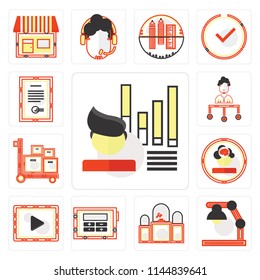 Set Of 13 simple editable icons such as Stats, Studying, Judging, Calculating, Music player, Packing, Boss, Contract, web ui icon pack
