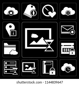 Set Of 13 simple editable icons such as Image, Cloud computing, Notebook, Smartphone, Server, Calendar, Folder, Mail, Placeholder on black background