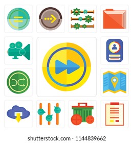 Set Of 13 simple editable icons such as Fast forward, Notepad, Garbage, Volume control, Cloud computing, Map, Shuffle, , Video player, web ui icon pack
