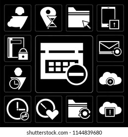 Set Of 13 simple editable icons such as Calendar, Cloud computing, Folder, Stopwatch, User, Mail, Notebook on black background