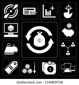 Set Of 13 simple editable icons such as Exchange, Responsive, Money, Loss, Tag, Network, Shopping bag, Piggy bank, Layers on black background
