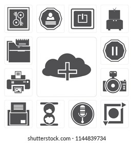 Set Of 13 simple editable icons such as Cloud computing, Repeat, Microphone, Hourglass, Folder, Photo camera, Print, Pause, web ui icon pack