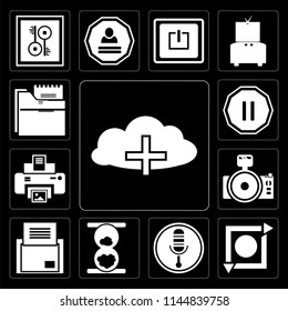 Set Of 13 simple editable icons such as Cloud computing, Repeat, Microphone, Hourglass, Folder, Photo camera, Print, Pause, Folder on black background