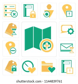 Set Of 13 simple editable icons such as Map, Notebook, Folder, Stopwatch, Price tag, Mail, Placeholder, Speech bubble, web ui icon pack