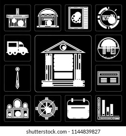 Set Of 13 simple editable icons such as Banking, Bars chart, Wall calendar, Sailing boat, Judging, Banker, Accessory, School material, Trucking on black background