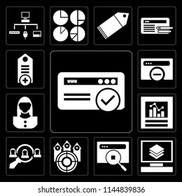 Set Of 13 simple editable icons such as Browser, Layers, Tag, Hiring, Analytics, User, Tag on black background