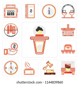 Set Of 13 simple editable icons such as Presentation, Ancient, Decree, Writer, Circular clock, Luggage, Dollar, Online store, School material, web ui icon pack