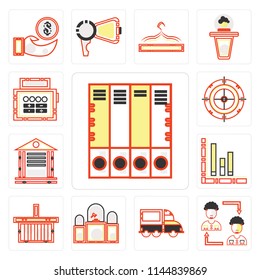 Set Of 13 simple editable icons such as Office material, Businessman, Trucking, Judging, Online store, Bars chart, Banking, Dart board, Calculating, web ui icon pack