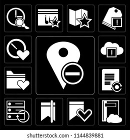 Set Of 13 simple editable icons such as Placeholder, Notebook, Bookmark, Server, Notepad, Folder, Cloud computing, Stopwatch on black background
