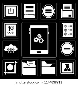 Set Of 13 simple editable icons such as Smartphone, User, Folder, Repeat, Minus, Cloud computing, Menu, Key on black background