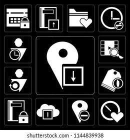 Set Of 13 simple editable icons such as Placeholder, Stopwatch, Cloud computing, Notebook, Price tag, User, Video player, User on black background