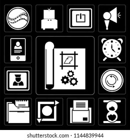 Set Of 13 simple editable icons such as print, Hourglass, Folder, Repeat, User, Alarm, Smartphone on black background