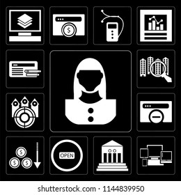 Set Of 13 simple editable icons such as User, Responsive, Bank, Open, Loss, Browser, Tag, Analytics, Browser on black background