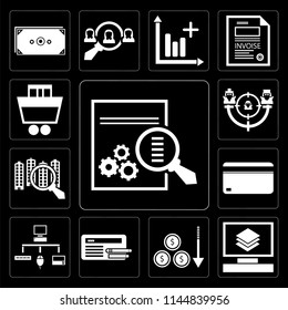 Conjunto de 13 iconos simples editables como Analytics, Layers, Loss, Browser, Sitemap, Cit card, Target, Shopping Cart on black back.