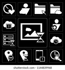 Set Of 13 simple editable icons such as Image, Stopwatch, Smartphone, Placeholder, Cloud computing, Server, User, computing on black background