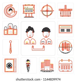 Set Of 13 simple editable icons such as Collaboration, Wall calendar, Flats, Businessman, Phone number, School material, Accessory, Banker, Judging, web ui icon pack