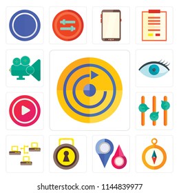Set Of 13 simple editable icons such as Restart, Compass, Placeholders, Locked, Server, Volume control, Play, View, Video player, web ui icon pack
