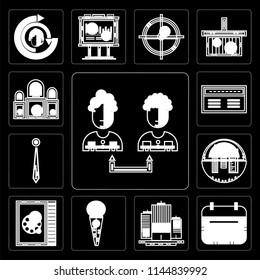 Set Of 13 simple editable icons such as Collaboration, Wall calendar, Flats, Businessman, Phone number, School material, Accessory, Banker, Judging on black background