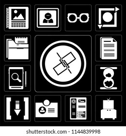Set Of 13 simple editable icons such as Unlink, Television, Resume, Id card, Download, Hourglass, Smartphone, Document, Folder on black background