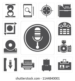 Set Of 13 simple editable icons such as Microphone, Id card, Television, Fax, Download, Photo camera, Compact disc, Calendar, Repeat, web ui icon pack