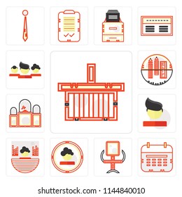 Set Of 13 simple editable icons such as Online store, Wall calendar, Comfortable, Boss, Men, Judging, School material, Network, web ui icon pack