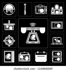 Set Of 13 simple editable icons such as Ringing, Office material, Wall calendar, Id card, Phone number, Online store, Sailing boat, Rectangular, store on black background