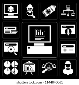 Set Of 13 simple editable icons such as Analytics, User, Hiring, Browser, Browser on black background